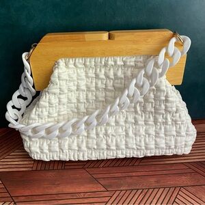 White Purse Crossbody Wooden Top Magnetic Closure Clutch Puffy Design